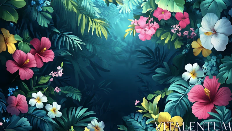 Digital painting of tropical floral frame with deep teal void.