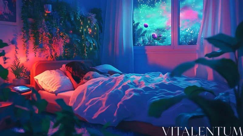 Dreamer sleeps under neon jungle and cosmic window glow.