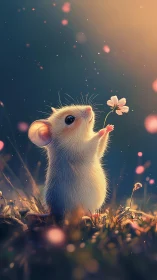 Digital painting of a mouse holding a flower in evening light.