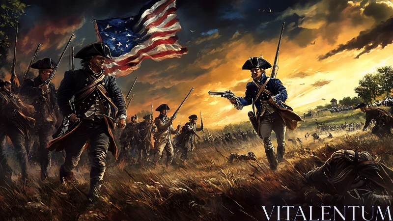 Dramatic revolutionary charge under a stormy painted sky.