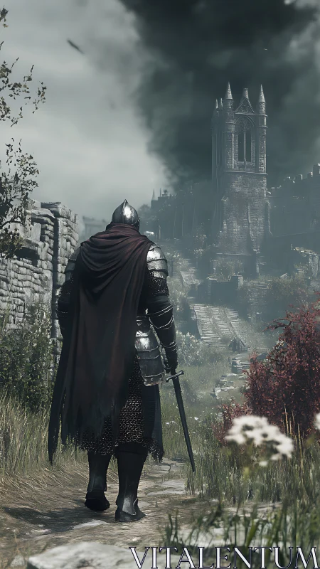 Weathered knight stalking a storm-crowned ruined citadel.