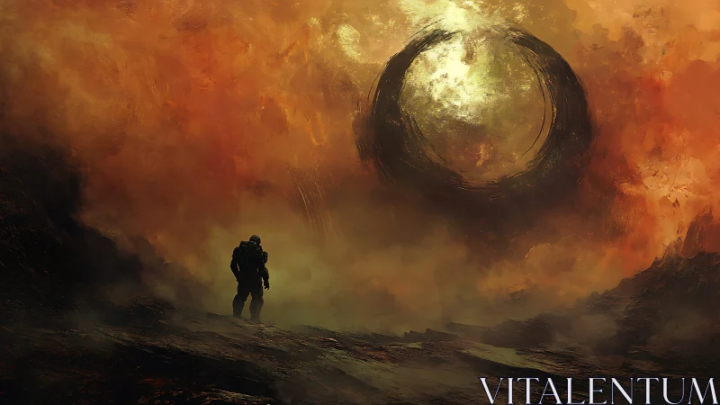 Lone astronaut confronts colossal burning portal in void