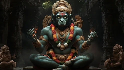 Mythic simian deity in meditative temple tableau rendering.
