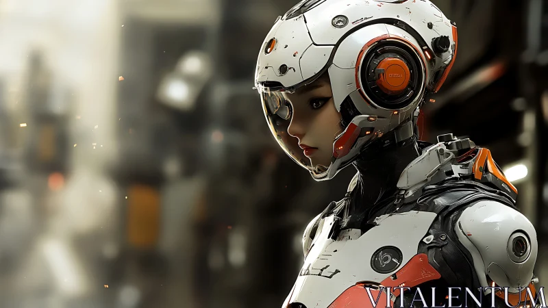 Female android in white and orange armored exosuit profile.