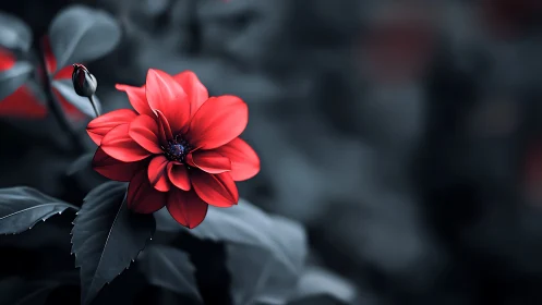 Macro study of red dahlia bloom on desaturated foliage bokeh