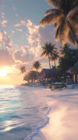 Tropical Island Resort Sunset with Overwater Bungalows and Palm Silhouettes