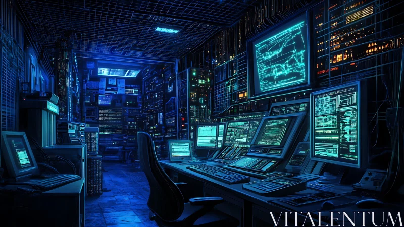 Neon-lit cyber control room pulses with data and silent focus
