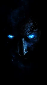 Glowing blue-eyed spectral face emerges from deep shadow