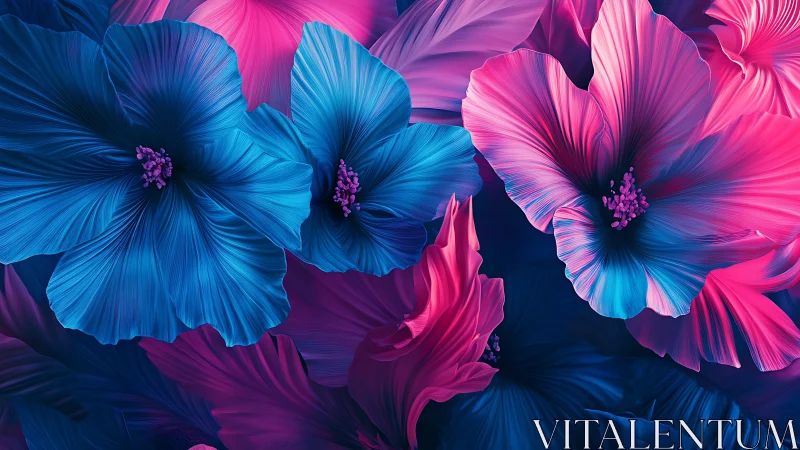 Neon hibiscus bloomstorm in electric midnight blues and pinks.