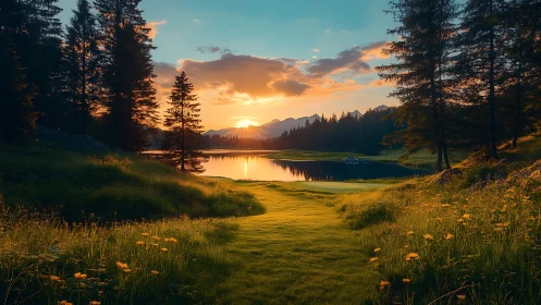 Golden sunset over tranquil forest lake invites quiet escape