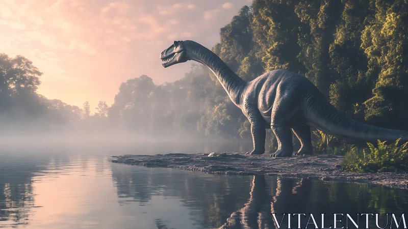 Soft dawn riverbank stroll for a mist-wrapped dinosaur sentinel.