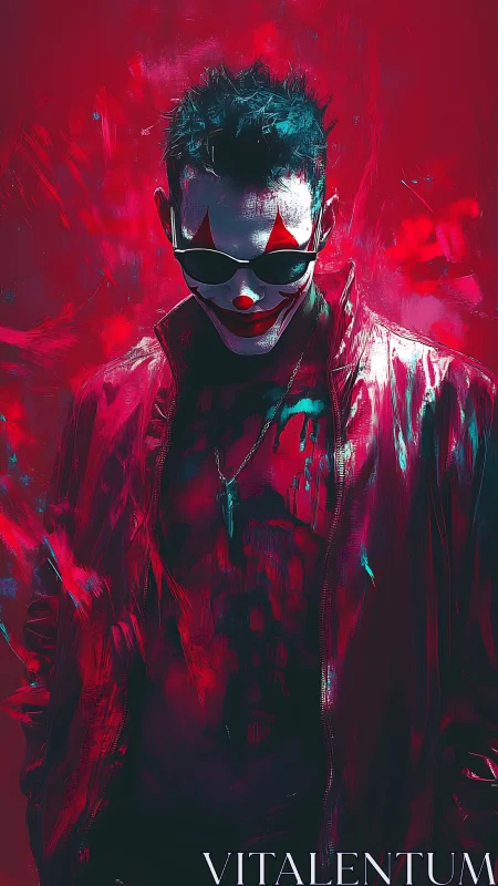 Neo-noir clown figure emerges in vivid crimson glow.