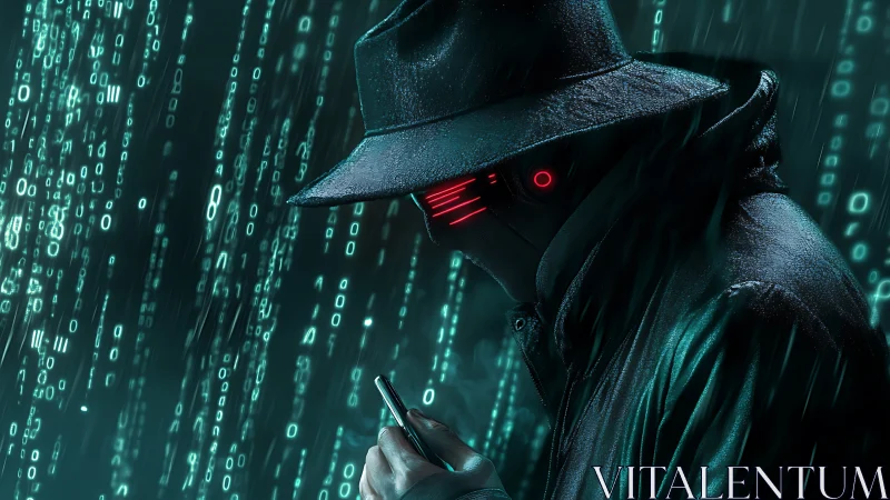 Hooded cyber figure with smartphone in digital rain field.