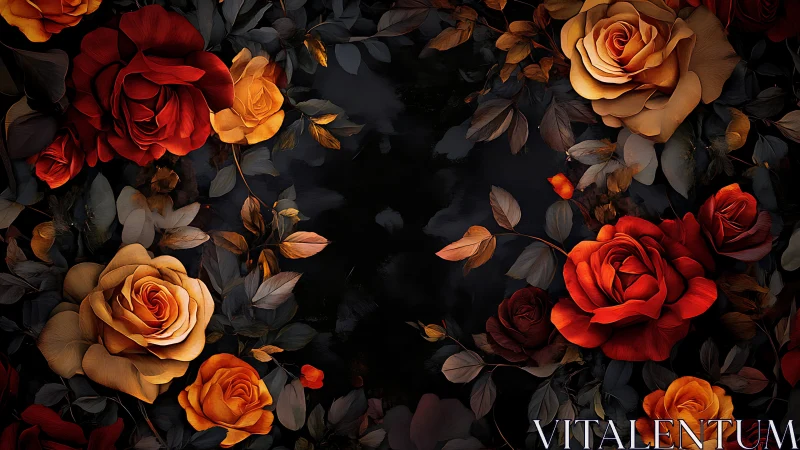 Red and Orange Roses on Dark Background with Foliage