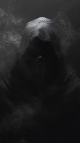 Hooded spectral figure emerging from dark swirling smoke.