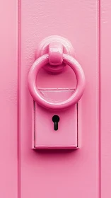 Pink painted metal door knocker and lock are centrally framed