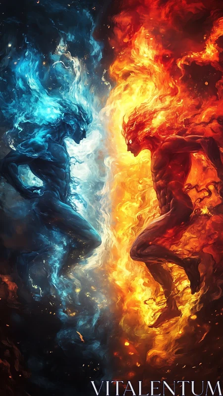 Twin elemental titans collide in blazing fire and frozen storm.