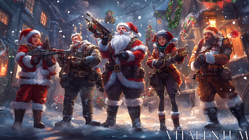 Santa strike squad storms a snowlit festive street at dusk.