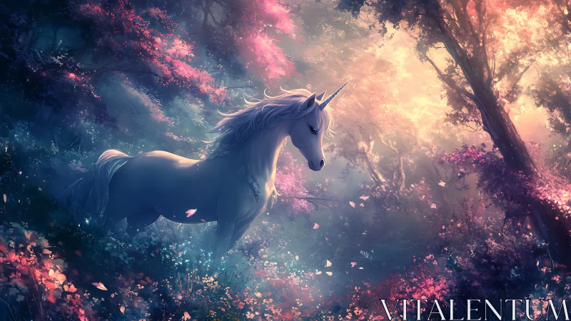 Luminous unicorn wandering through enchanted blossom forest.