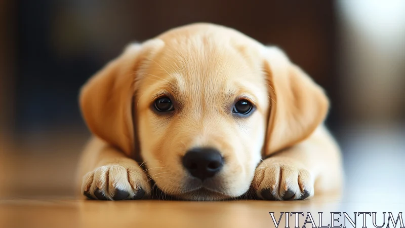 Golden labrador puppy resting on polished hardwood floor