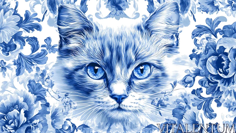 Blue and White Cat Portrait with Floral Background.