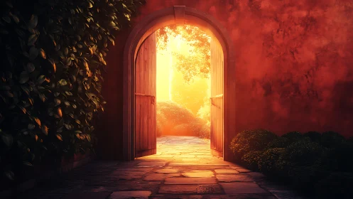 Sunlit garden doorway opens onto a glowing secret path.