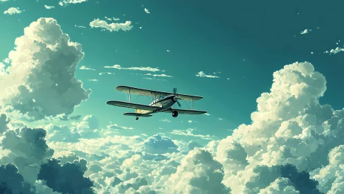 Lone vintage biplane drifting through towering teal clouds.