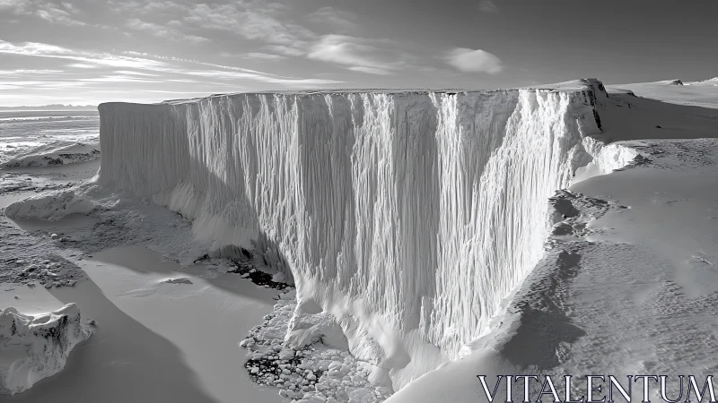 Sheer vertical ice cliff rises from frozen polar terrain