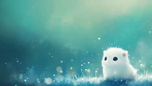 Fluffy white kitten glows softly in dreamy teal field.