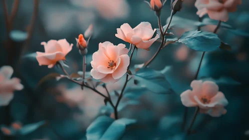 Delicate Peach Roses Bloom Against Teal Garden Backdrop.
