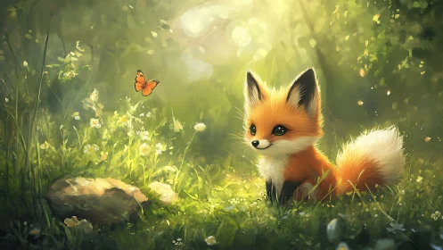 Cartoon fox observing butterfly in sunlit forest clearing.