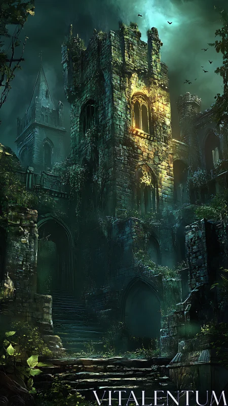 Ruined stone castle tower stands over dark overgrown steps