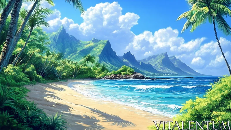 Tropical Island Beach Paradise With Mountain Peaks.