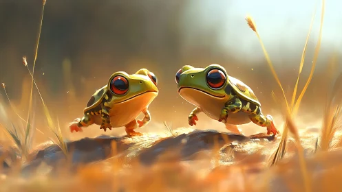 Playful tree frogs share a warm sunset forest moment