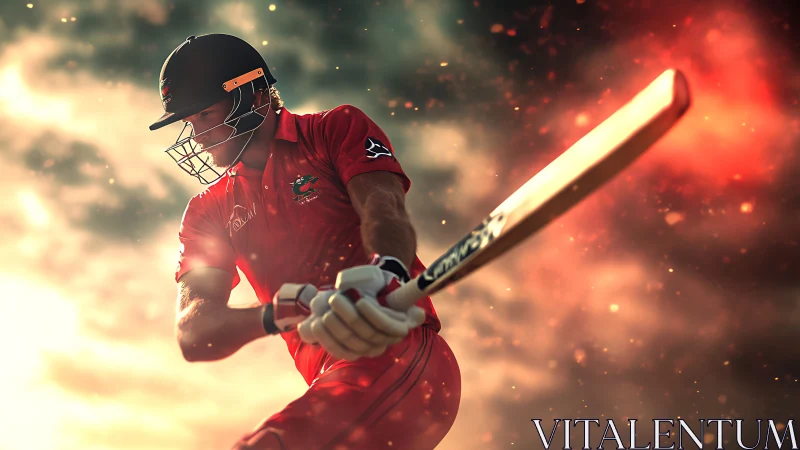 Cricket batter drives under fiery stadium lights in motion