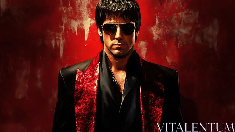 Digital portrait of man in sunglasses on red backdrop.