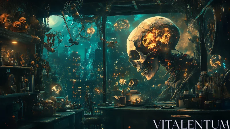 Colossal burning skull over necromantic city laboratory.