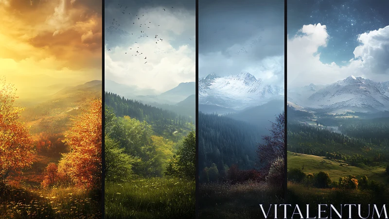 Seasonal mountain landscape panels showing yearly cycle.