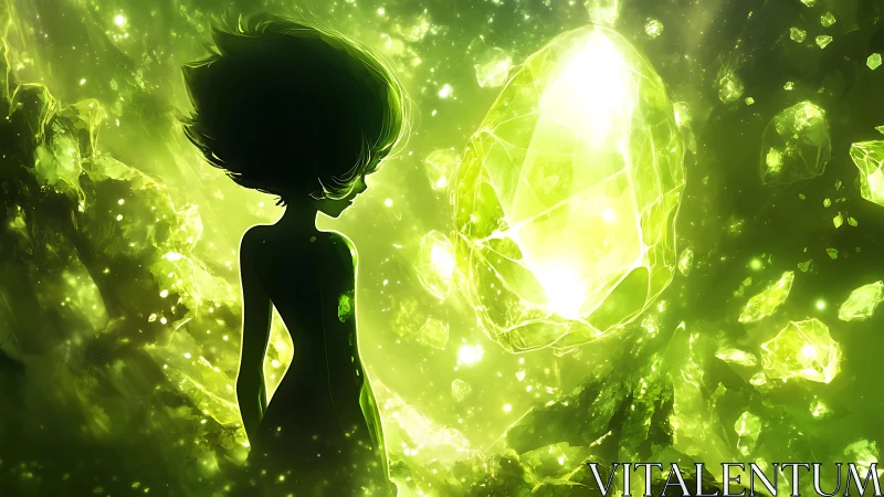 Emerald child adrift among singing star-crystals in neon dusk.