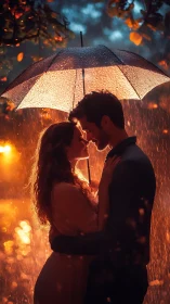 Couple Sheltered Under Glowing Umbrella in Fiery Rain.