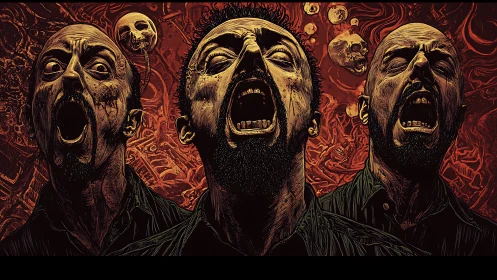 Triptych of screaming male heads renders visceral psychological terror