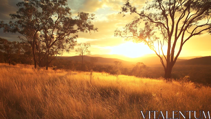Golden hillside sunset through trees over distant hills.