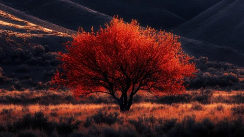 Lone crimson tree glows against deep shadowed hills at dusk.