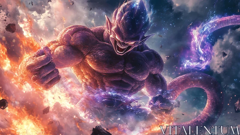 Cosmic-scaled demonic warrior rendered in dynamic volumetric fire