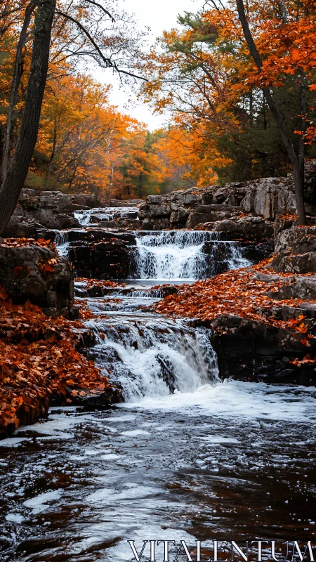 Autumn cascade whispers through flame-tipped forest stones.