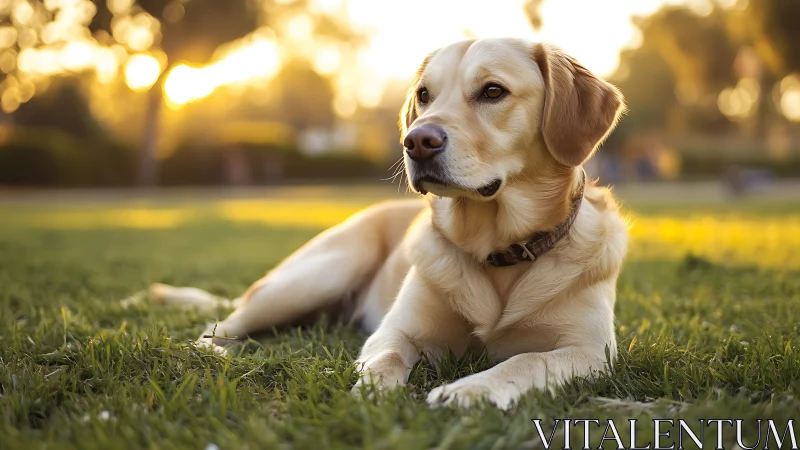 Golden retriever resting on grass in warm sunset light.