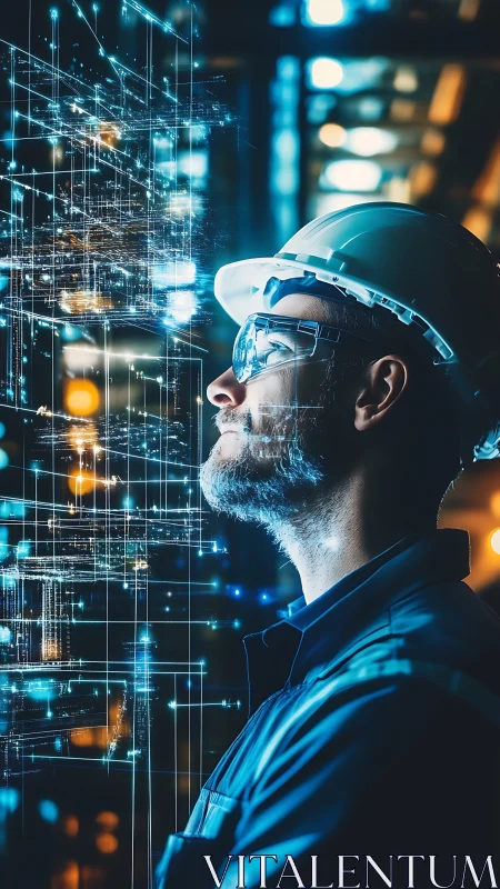 Engineer in luminous AR data grid within smart factory.