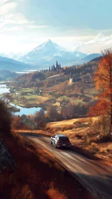 Mountain road daydream with autumn valleys and castles.