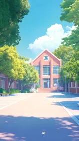 Sunlit school courtyard leads to a calm red brick campus