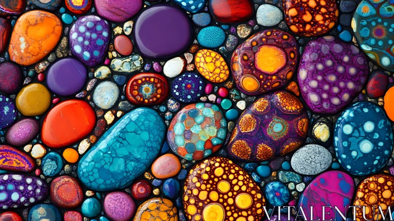 Multicolored patterned stones arranged in dense surface grid.